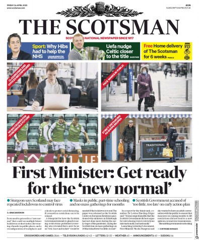 The Scotsman Newspaper Front Page (UK) for 24 April 2020
