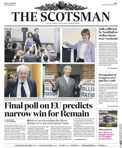 The Scotsman Newspaper Front Page (UK) for 24 June 2016