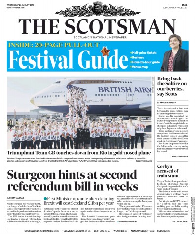 The Scotsman Newspaper Front Page (UK) for 24 August 2016