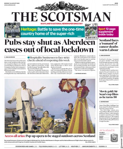 The Scotsman Newspaper Front Page (UK) for 24 August 2020