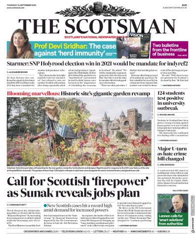The Scotsman Newspaper Front Page (UK) for 24 September 2020