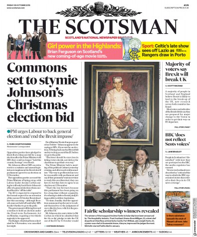 The Scotsman Newspaper Front Page (UK) for 25 October 2019