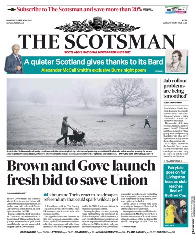 The Scotsman Newspaper Front Page (UK) for 25 January 2021
