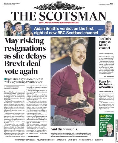 The Scotsman Newspaper Front Page (UK) for 25 February 2019