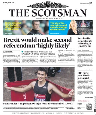 The Scotsman Newspaper Front Page (UK) for 25 April 2016