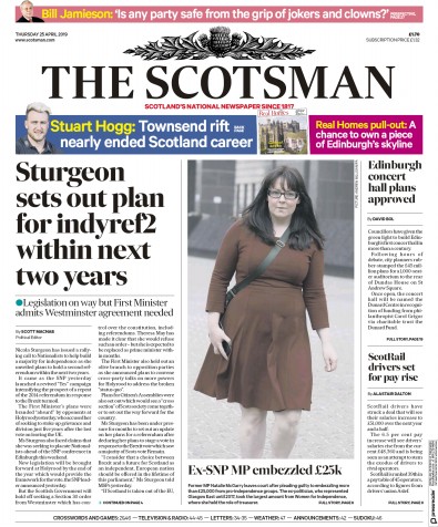 The Scotsman Newspaper Front Page (UK) for 25 April 2019