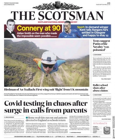 The Scotsman Newspaper Front Page (UK) for 25 August 2020