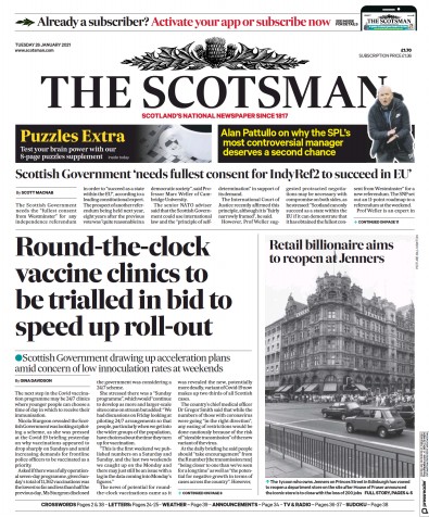 The Scotsman Newspaper Front Page (UK) for 26 January 2021