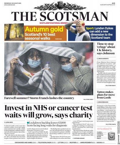 The Scotsman Newspaper Front Page (UK) for 26 August 2020