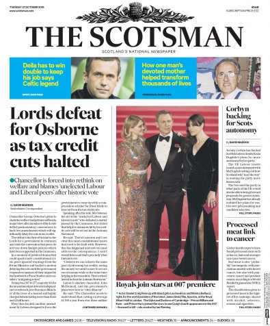 The Scotsman Newspaper Front Page (UK) for 27 October 2015
