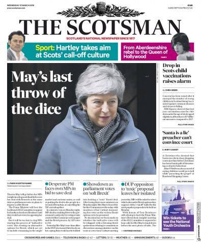 The Scotsman Newspaper Front Page (UK) for 27 March 2019