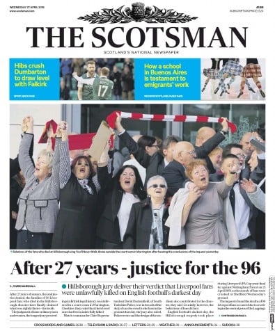The Scotsman Newspaper Front Page (UK) for 27 April 2016