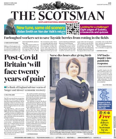 The Scotsman Newspaper Front Page (UK) for 27 April 2020