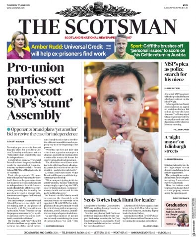 The Scotsman Newspaper Front Page (UK) for 27 June 2019