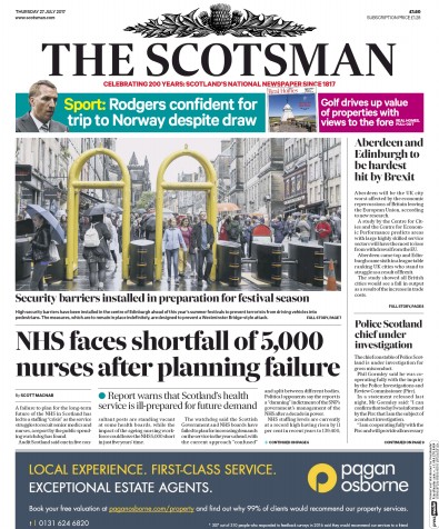 The Scotsman Newspaper Front Page (UK) for 27 July 2017