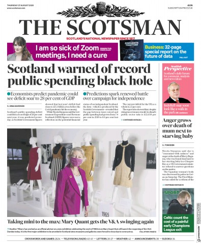 The Scotsman Newspaper Front Page (UK) for 27 August 2020