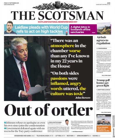 The Scotsman Newspaper Front Page (UK) for 27 September 2019