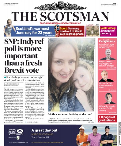 The Scotsman Newspaper Front Page (UK) for 28 June 2018