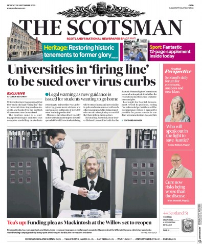 The Scotsman Newspaper Front Page (UK) for 28 September 2020