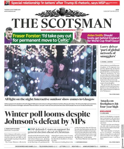 The Scotsman Newspaper Front Page (UK) for 29 October 2019
