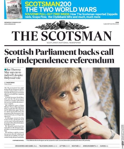 The Scotsman Newspaper Front Page (UK) for 29 March 2017