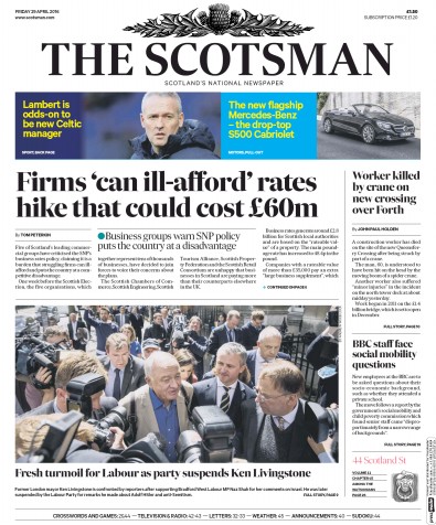 The Scotsman Newspaper Front Page (UK) for 29 April 2016