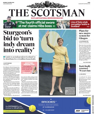 The Scotsman Newspaper Front Page (UK) for 29 April 2019