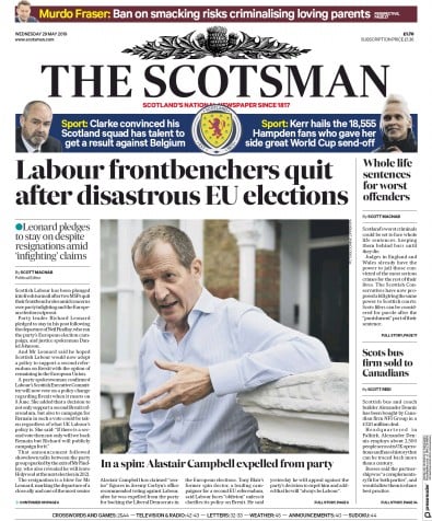 The Scotsman Newspaper Front Page (UK) for 29 May 2019