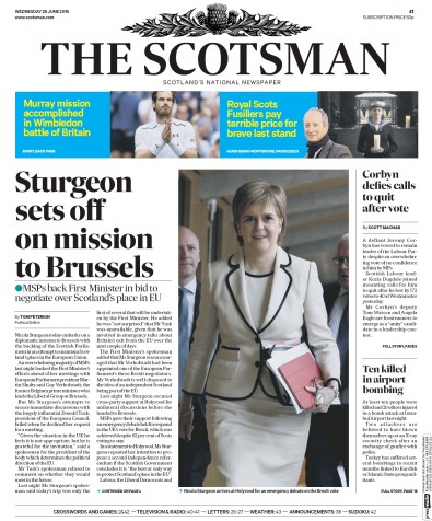 The Scotsman Newspaper Front Page (UK) for 29 June 2016