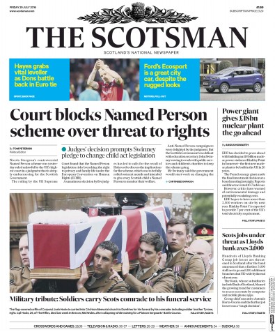 The Scotsman Newspaper Front Page (UK) for 29 July 2016