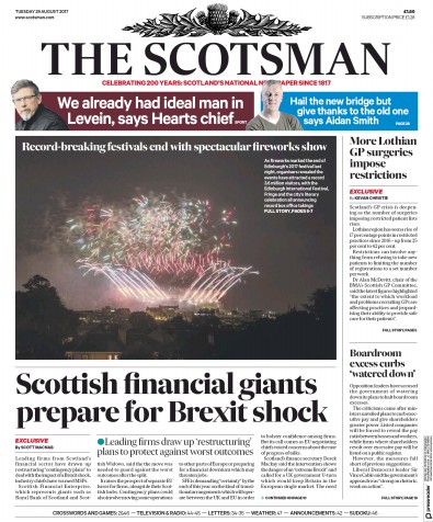 The Scotsman Newspaper Front Page (UK) for 29 August 2017
