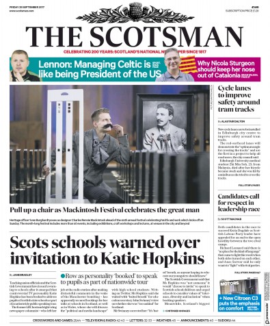 The Scotsman Newspaper Front Page (UK) for 29 September 2017
