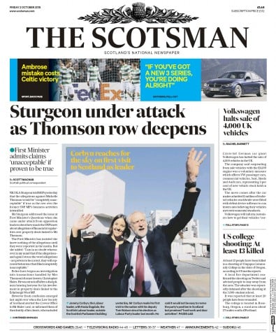 The Scotsman Newspaper Front Page (UK) for 2 October 2015