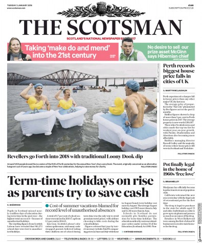 The Scotsman Newspaper Front Page (UK) for 2 January 2018