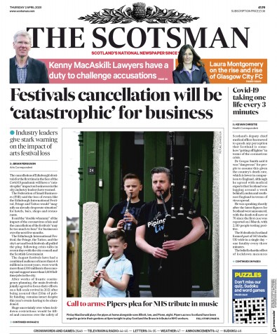 The Scotsman Newspaper Front Page (UK) for 2 April 2020