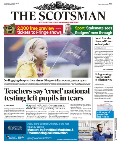 The Scotsman Newspaper Front Page (UK) for 2 August 2018
