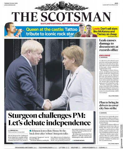 The Scotsman Newspaper Front Page (UK) for 30 July 2019