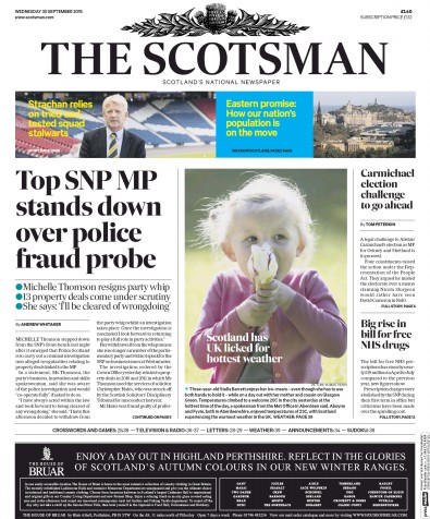 The Scotsman Newspaper Front Page (UK) for 30 September 2015
