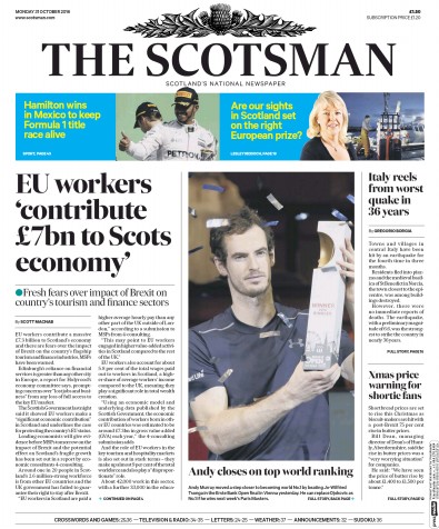 The Scotsman Newspaper Front Page (UK) for 31 October 2016