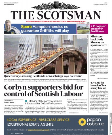 The Scotsman Newspaper Front Page (UK) for 31 August 2017