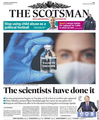 The Scotsman Newspaper Front Page (UK) for 3 December 2020