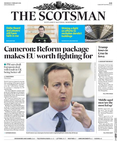 The Scotsman Newspaper Front Page (UK) for 3 February 2016