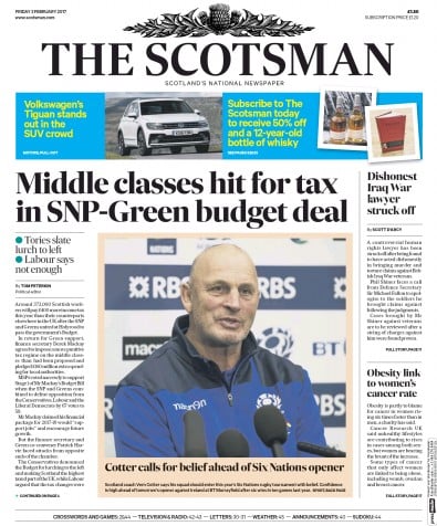 The Scotsman Newspaper Front Page (UK) for 3 February 2017