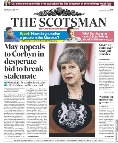 The Scotsman Newspaper Front Page (UK) for 3 April 2019