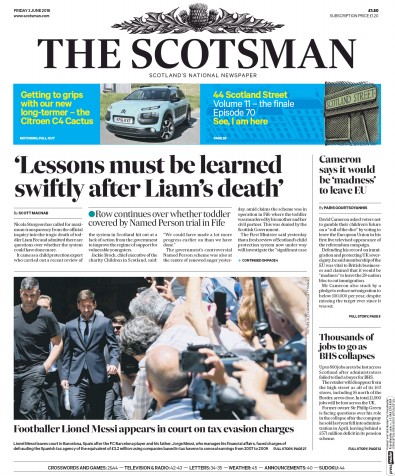 The Scotsman Newspaper Front Page (UK) for 3 June 2016