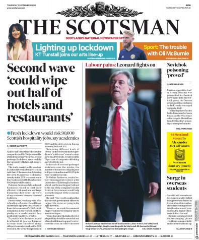 The Scotsman Newspaper Front Page (UK) for 3 September 2020