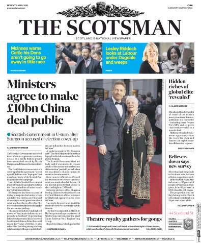The Scotsman Newspaper Front Page (UK) for 4 April 2016