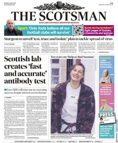 The Scotsman Newspaper Front Page (UK) for 4 May 2020