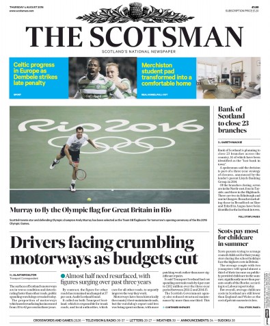 The Scotsman Newspaper Front Page (UK) for 4 August 2016
