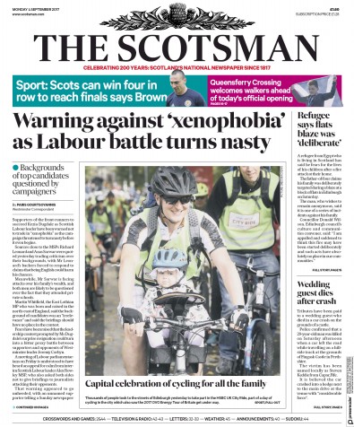 The Scotsman Newspaper Front Page (UK) for 4 September 2017